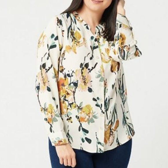Denim&Co Tops - Denim & Co Printed Watercolor Floral Stretch Crepe Blouse 838